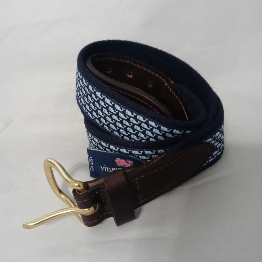 Vineyard Vines Navy Blue Canvas Classic Whale Print Belt Brass Buckle 30 - Picture 6 of 6